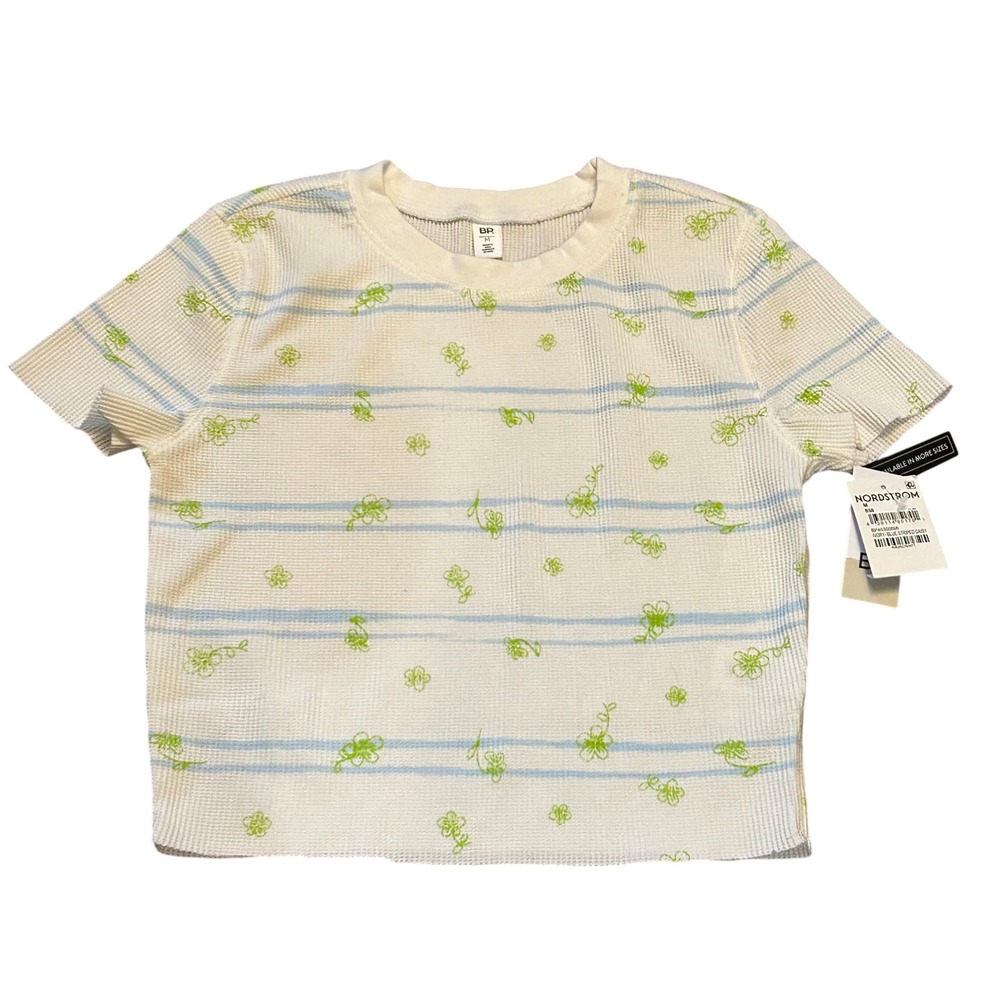 BP Nordstrom Ivory Blue Striped Daisy Floral Waffle Knit‎ Tee Cropped Top - M